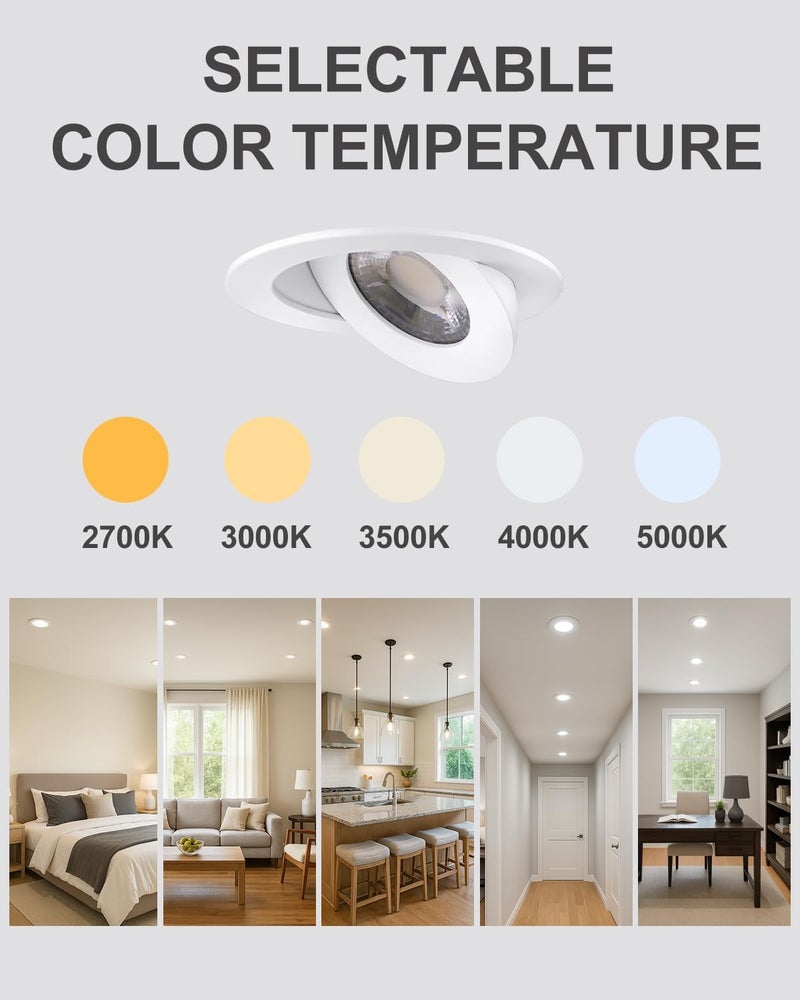 POPANU 4inch Gimbal LED Recessed Light Recessed LED 4 inch White Swivel Gimbal Canless Light 360° Rotation 90° Tilt 4" 9W Eyeball Lighting Dimmable Adjustable Can Spotlights 5CCT White 4 inch 6 Pack - Image 3